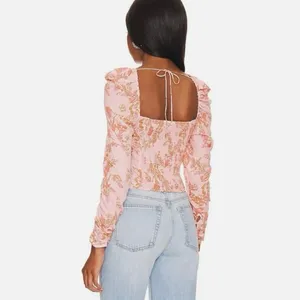 Free People Hilary Printed Top Womens M Pink Floral Ruched Puff Sleeve Smocked thumbnail 2