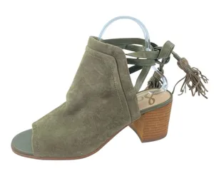 Sam Edelman Sampson Green Suede Tassel Ankle Tie Peep Toe Heeled Mule Sandals 8 thumbnail 1