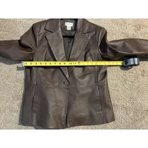 Kim Rogers Womens M Brown 100% Leather Button Front Blazer Jacket Lined Classic thumbnail 7