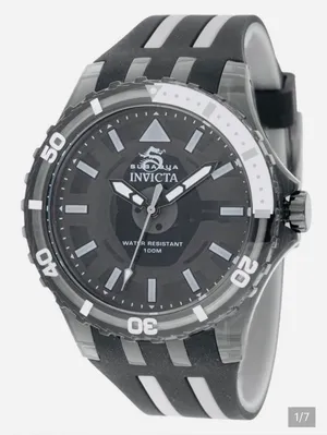 Sporty Invicta men's watch with bold black dial. High-contrast white markers and hands for easy reading. Durable black strap with white stripe accents. Water resistant design for active use. This watch is OUT OF STOCK ONLINE but here’s one for you! The: 69447 - This beautiful Invicta Subaqua watch contains a precise Quartz movement in addition to a black case. Its face displays a black, plastic dial protected by a highly resistant Flame Fusion Crystal. This timepiece is completed by a black, band and it offers water resistance of up to 100 m. Led with expert engineering, no feat or occasion will ever be too great for Invicta's Subaqua to handle. thumbnail 1