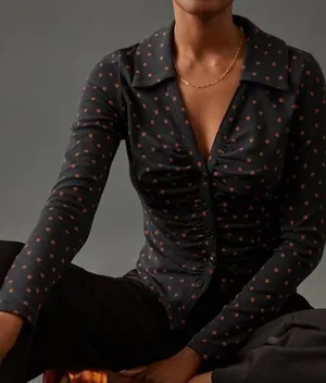 EUC Maeve Anthropologie Printed Ruched Buttondown polkadots collared blouse XL thumbnail 1