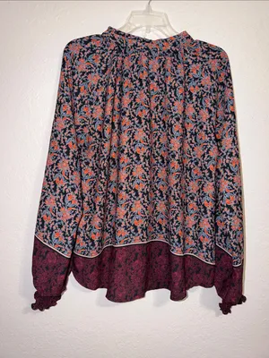 ASTR The Label Bohemian Peasant Tie Neck Smocked Cuffs Floral Blouse Prairie thumbnail 3