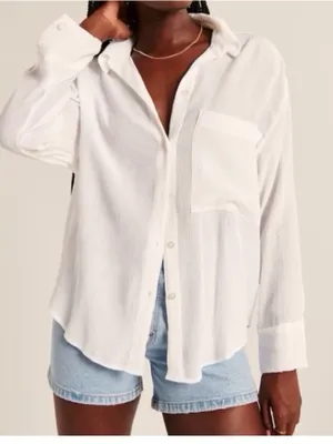 Abercrombie crinkle long sleeve white button up sz large thumbnail 1