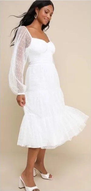 Lulus Affectionate Aura White Swiss Dot Tiered Bustier‎ Midi Dress Medium thumbnail 1