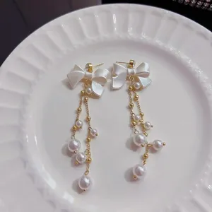 Elegant Bow White Pearl Dangle Drop Earrings for Women,Pearl Earrings thumbnail 3