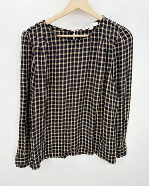 Loft Blue‎ Gold Shimmer Plaid Pleated Blouse Boho Peasant Rayon Women Large thumbnail 1