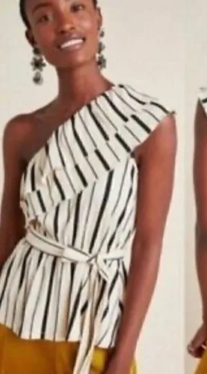 Anthropologie Cream and Black Striped Ruffle Blouse Women’s Small thumbnail 1