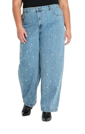 NEW Future Collective Womens Mid-Rise Studded Barrel Leg Jeans Blue Denim 18 thumbnail 1