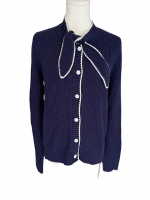 Commense - NWT Tie Neck Button Knit Cardigan Wool Blend Navy White Trim Sz M thumbnail 3