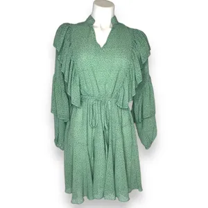 Sage Green Polka Dot Long Sleeve Ruffle Mini Dress Casual Flowy‎ Swing Medium thumbnail 2