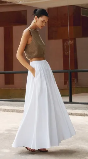 Commence Cotton Pleated Maxi Skirt Size Medium White NWT Pockets Lined zipper thumbnail 1