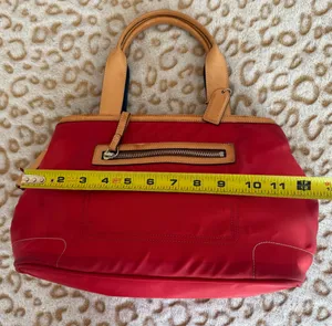 Coach Hampton Red Nylon Tote with Tan Leather Strap Handbag Women's thumbnail 7