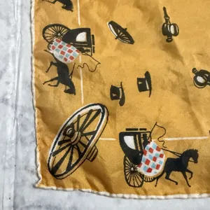Horse Carriage Yellow Rolled Edges Hand Stitched 17" Square Scarf, 1950s, MCM thumbnail 7