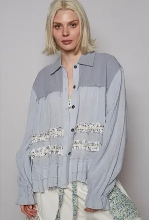 POL Button Down Top Women Medium Blue Good‎ Floral Ruffle Raw Hem UWT503 thumbnail 1