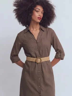 NWOT Love Tree Linen Blend Utility Shirt Dress Brown Midi Sz Medium Missing Belt thumbnail 2