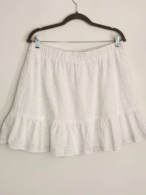 LOFT White Eyelet Ruffle Trim Pull-On Mini Skirt Size Large thumbnail 3