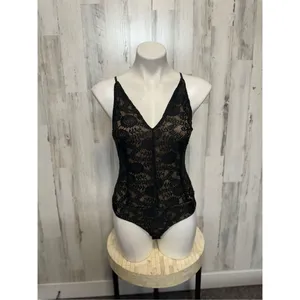 Windsor Black Lace Bodysuit Size L Sheer Floral Lace Criss Cross Back Lingerie T thumbnail 2