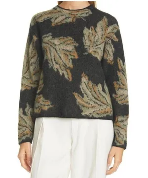 Vince Leaf Jacquard Pullover Alpaca Mohair Wool Blend Sweater M thumbnail 1