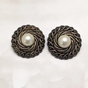 Vintage Clip On Earrings Large Chunky Statement Dark Bronzeish Tone Faux Pearl thumbnail 2