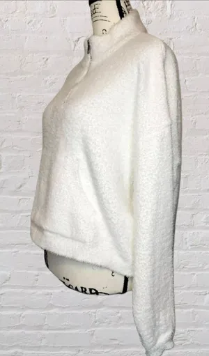 Nordstrom RDI LG Womens White Cropped Quarter Zip Pullover Teddy Sweatshirt NWOT thumbnail 4