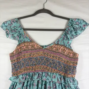 Teal Floral Smocked Midi Dress Womens‎ Medium Boho Flutter Sleeve Peasant V-Neck thumbnail 9