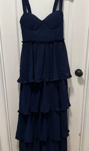 Lulus Sophisticated Occasion Bustier Lace-Up Maxi Dress NWOT size Medium Navy thumbnail 3
