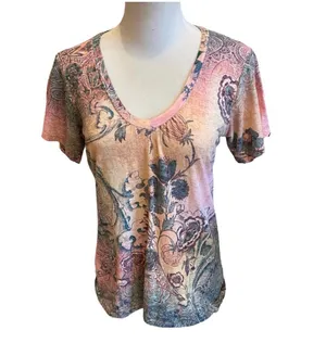 Y2K Multicolor Boho Floral Vneck TShirt Blouse L Pink Green Yellow Muted thumbnail 2