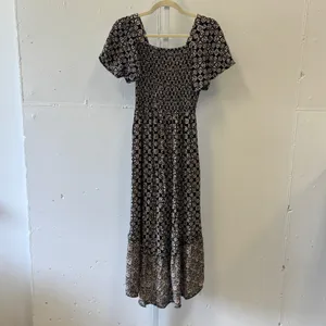 Angie Boho Floral Smocked High Low Midi Dress Black Pink Small Cottagecore thumbnail 2