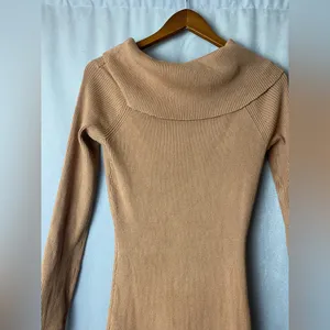 Almost Famous Camel Ribbed Turtleneck Fall Fitted Quiet Luxury Bodycon Dress L thumbnail 3