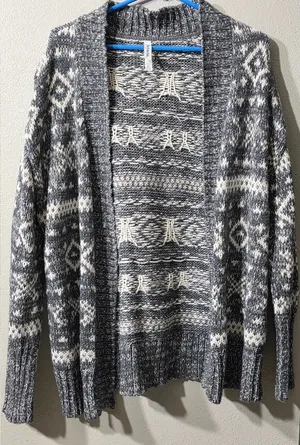 Aeropostale XL Gray White Fair Isle Knit Open Cardigan Sweater Boho Aztec‎ Print thumbnail 1