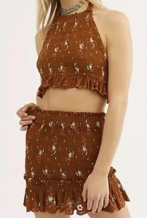 Free People Miss Louise Set Smocked Rust Floral Sz XS thumbnail 1