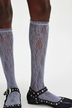 Free People Intimately Lovers Lace Knee High Sock One Size Blue Sheer thumbnail 1