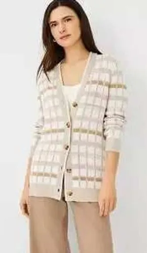 Ann Taylor Plaid Boyfriend Button Front Cardigan in Cream Small thumbnail 1