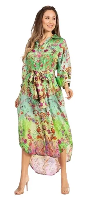 Sakkas Fits a Large‎ Floral Paisley High-Low Shirt Dress Green Boho OS1650 thumbnail 1