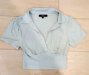 Lulu's Lookin' Flirty Sage Green Ribbed Collared Short Sleeve Crop Top thumbnail 4