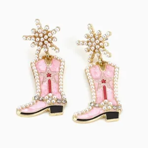 NEW Pink Cowgirl Boots Pearl Embellished Rhinestone‎ Western Bling Glam Earrings thumbnail 3