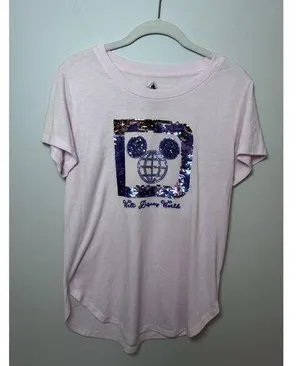 Walt Disney World Parks Pink Purple Sequin Mickey Mouse Short Sleeve Shirt Sz Sm thumbnail 1