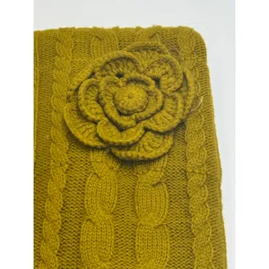 Mud Pie Scarf Womens Chartreuse Green Cable Knit Rosette Flower 60 x 18 thumbnail 3