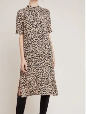 Anthropologie Mackenzie Leopard Print Dress Short Sleeve Midi Mock Neck Size L thumbnail 2