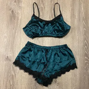 Emerald Satin Lace Pajama Set | Cami Crop Top & Boyshorts Small thumbnail 2