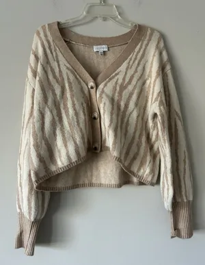 Lucy Paris Zebra Patterned Tan & Cream Cropped Cardigan Size Medium Soft Cozy thumbnail 1