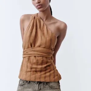Zara NWT One shoulder striped linen beaded multiway one shoulder wrap top thumbnail 4