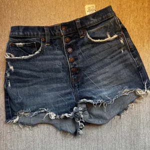 Abercrombie & Fitch Dark Blue Frayed Jean Shorts thumbnail 1