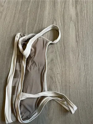 aerie Two-Tone Taupe Stripe Bikini Top with White Trim thumbnail 3