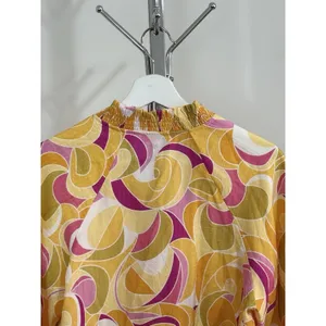 THML Women’s Yellow Pink Abstract Swirl Puff Sleeve V-Neck Blouse Top Size M thumbnail 6