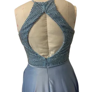 La Femme Light Blue Beaded High Neck Cut Out Satin A-Line Formal Prom Dress 4 thumbnail 2