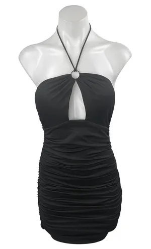 Princess Polly Black Sleeveless Halter Tie Ruched Cutout Mini Bodycon Dress Sz 4 thumbnail 1