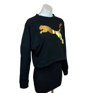 Puma Women's Black Gold Metallic Logo Cozy Pullover Sweater Sweatshirt Top S thumbnail 3