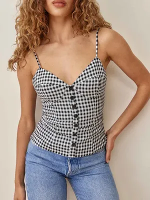 Reformation Cozumel black white gingham linen peplum corset top WOMENS 4 thumbnail 1