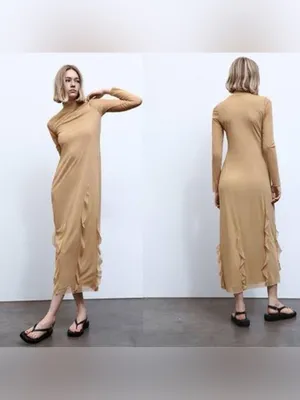 NWOT Zara Brown Mesh‎ Ruffle Maxi Dress Small Sheer Layered Cocktail Dress thumbnail 2